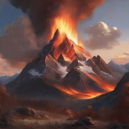 A majestic mountain with a blazing fire at its peak, surrounded by a rugged landscape