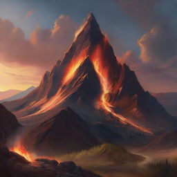 A majestic mountain with a blazing fire at its peak, surrounded by a rugged landscape