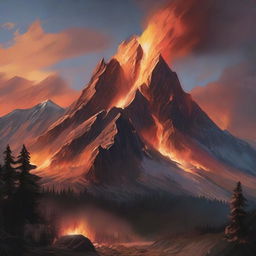 A majestic mountain with a blazing fire at its peak, surrounded by a rugged landscape