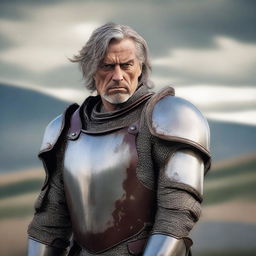 A man in armor standing on top of a hill with his hair color changed to brown and more gray streaks added