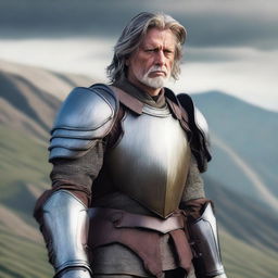 A man in armor standing on top of a hill with his hair color changed to brown and more gray streaks added