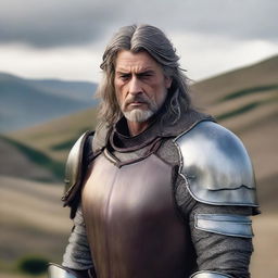 A man in armor standing on top of a hill with his hair color changed to brown and more gray streaks added