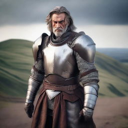 A man in armor standing on top of a hill with his hair color changed to brown and more gray streaks added