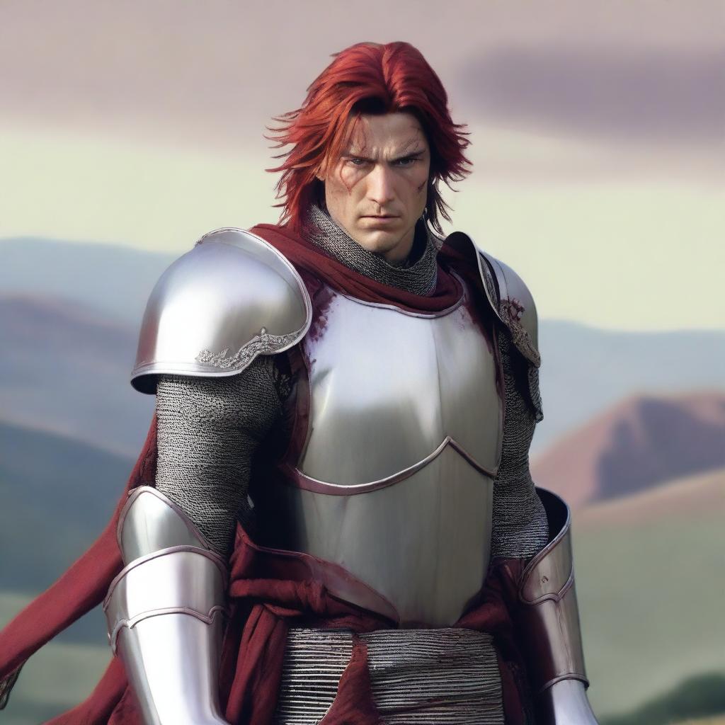 A man in armor standing on top of a hill with his hair color changed to red with gray streaks