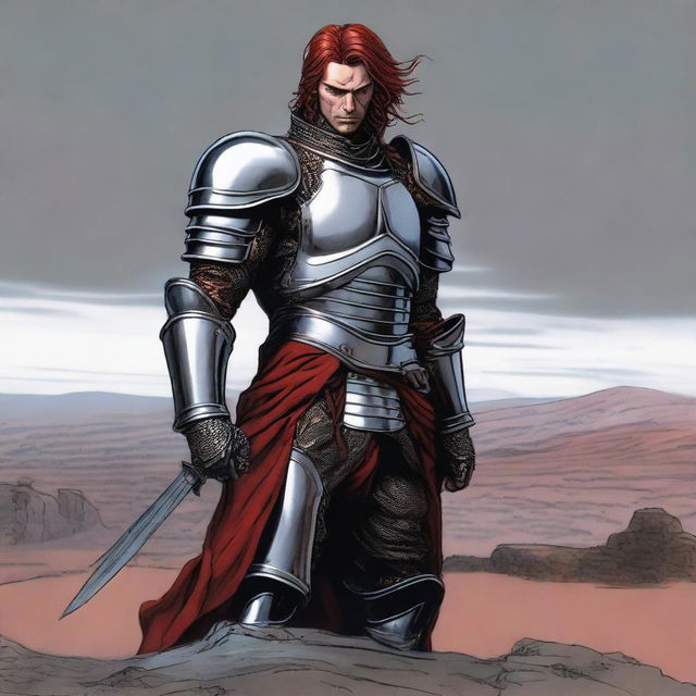 A man in armor standing on top of a hill with his hair color changed to red with gray streaks