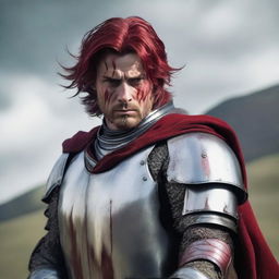 A man in armor standing on top of a hill with his hair color changed to red with gray streaks