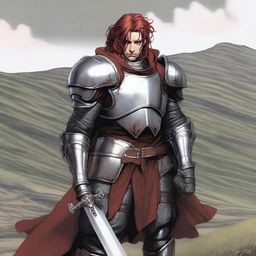 A man in armor standing on top of a hill with his hair color changed to red with gray streaks