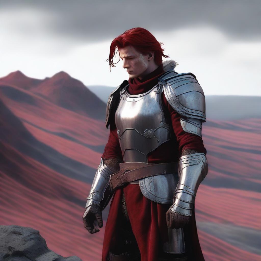 A man standing on top of a hill with his hair color changed to red with more gray streaks added