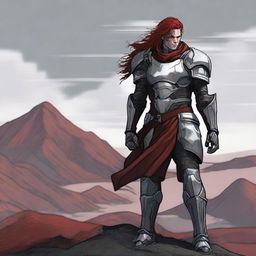 A man standing on top of a hill with his hair color changed to red with more gray streaks added