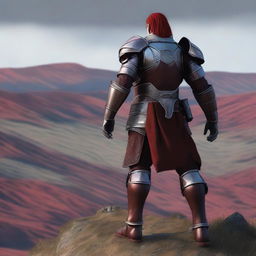 A man standing on top of a hill with his hair color changed to red with more gray streaks added