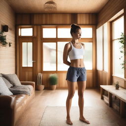 A young woman with white skin is the main focus, standing confidently in her cozy living room