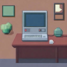 A pixel art depiction of a computer placed on a table