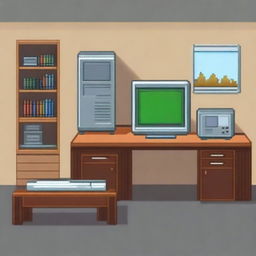 A pixel art depiction of a computer placed on a table