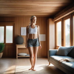 A young woman with white skin is the main focus, standing confidently in her cozy living room