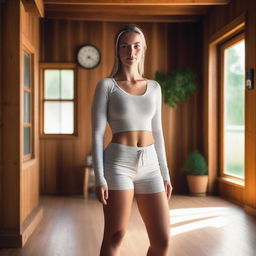 A young woman with white skin is the main focus, standing confidently in her cozy living room