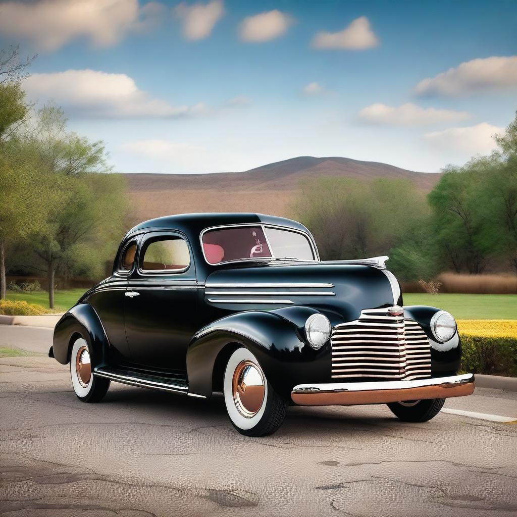 A beautifully restored black 1939 Chevy Coupe with gleaming copper wheel rims