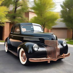 A beautifully restored black 1939 Chevy Coupe with gleaming copper wheel rims