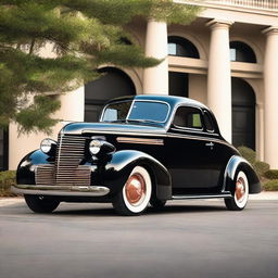 A beautifully restored black 1939 Chevy Coupe with gleaming copper wheel rims