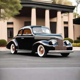 A beautifully restored black 1939 Chevy Coupe with gleaming copper wheel rims