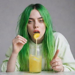 Billie Eilish in her signature loose attire, with bright green hair, humorously slurping on a glass of zesty lemonade, resulting in a bit of a messy situation.