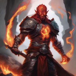 A detailed fantasy illustration of a Fire Genasi from Dungeons and Dragons