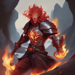 A detailed fantasy illustration of a Fire Genasi from Dungeons and Dragons