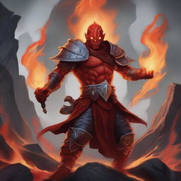 A detailed fantasy illustration of a Fire Genasi from Dungeons and Dragons