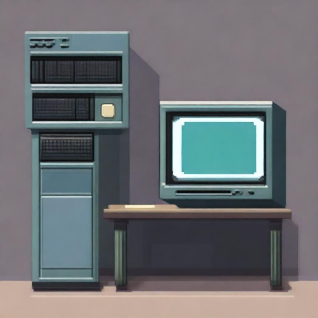 A detailed pixel art image of a large computer seen from the front view