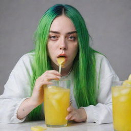 Billie Eilish in her signature loose attire, with bright green hair, humorously slurping on a glass of zesty lemonade, resulting in a bit of a messy situation.