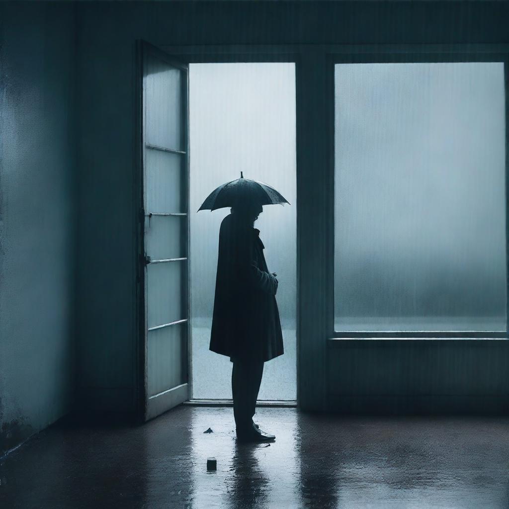 A novel cover depicting a melancholic scene, featuring a solitary figure standing by a rainy window