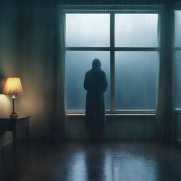 A novel cover depicting a melancholic scene, featuring a solitary figure standing by a rainy window