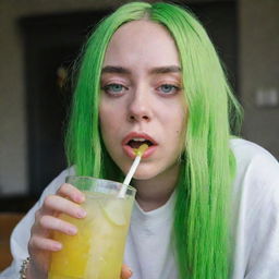 Billie Eilish in her signature loose attire, with bright green hair, humorously slurping on a glass of zesty lemonade, resulting in a bit of a messy situation.