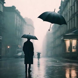 A sad novel cover featuring a melancholic scene with a solitary figure standing in the rain, holding an umbrella