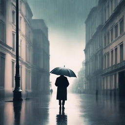 A sad novel cover featuring a melancholic scene with a solitary figure standing in the rain, holding an umbrella