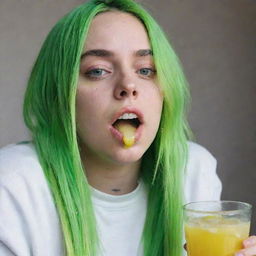 Billie Eilish in her signature loose attire, with bright green hair, humorously slurping on a glass of zesty lemonade, resulting in a bit of a messy situation.