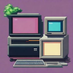 A retro computer with a CRT monitor, keyboard, and floppy disk drive rendered in pixel art style