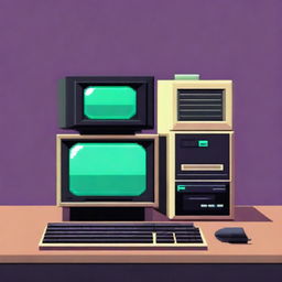 A retro computer with a CRT monitor, keyboard, and floppy disk drive rendered in pixel art style