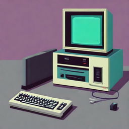 A retro computer with a CRT monitor, keyboard, and floppy disk drive rendered in pixel art style