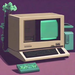 A retro computer with a CRT monitor, keyboard, and floppy disk drive rendered in pixel art style