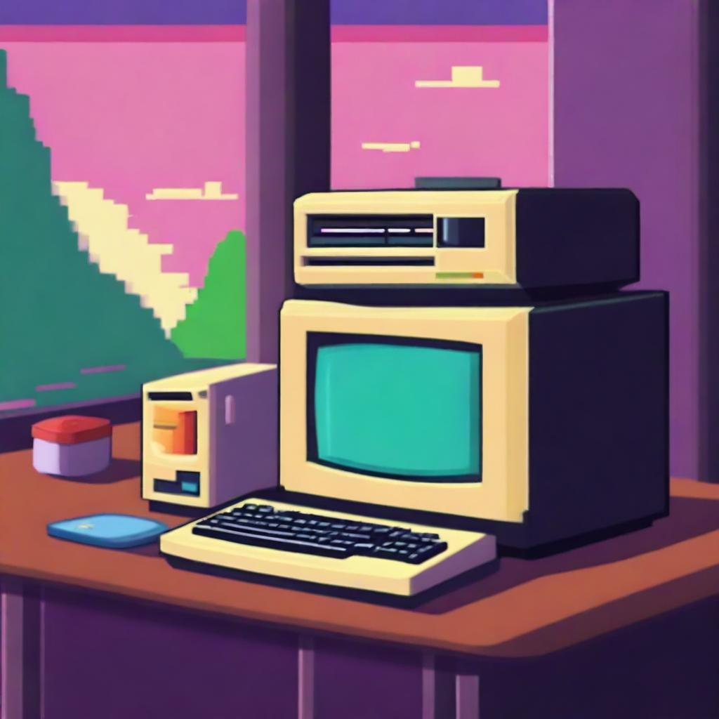 A retro computer with a CRT monitor, placed on a table in front of the viewer