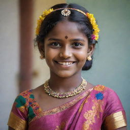 A Tamil girl adorned in traditional dress, complete with vibrant patterns and colors. She's smiling, standing tall, her eyes gleaming with joy and pride.