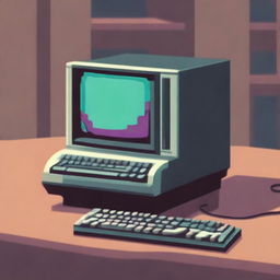 A retro computer sitting on a table with a keyboard in front of it