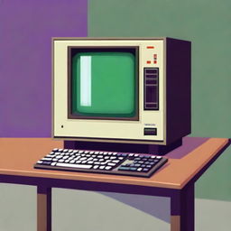 A retro computer sitting on a table with a keyboard in front of it