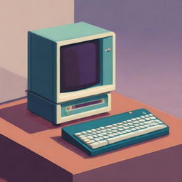 A retro computer sitting on a table with a keyboard in front of it