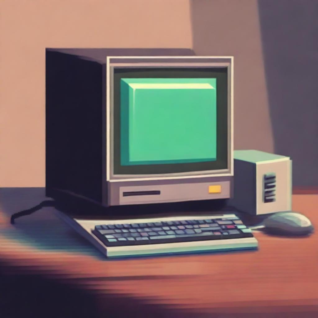 A retro computer sitting on a table with a keyboard in front of it