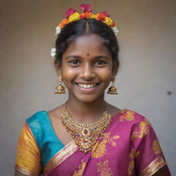 A Tamil girl adorned in traditional dress, complete with vibrant patterns and colors. She's smiling, standing tall, her eyes gleaming with joy and pride.