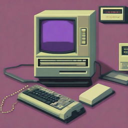 A retro computer prominently positioned in the center of the image