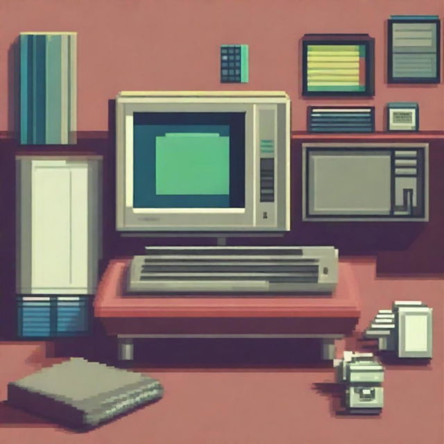 A retro computer prominently positioned in the center of the image