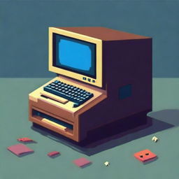 A retro computer prominently positioned in the center of the image