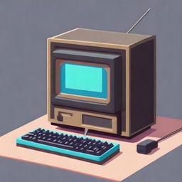 A retro computer prominently positioned in the center of the image